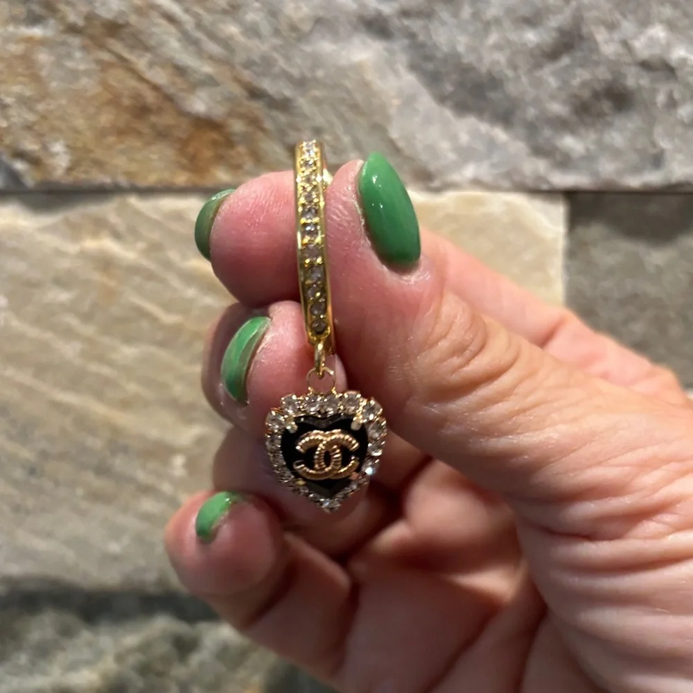 Gold-Tone Heart Drop Earrings with Black Enamel and Crystals - Picture 3 of 5